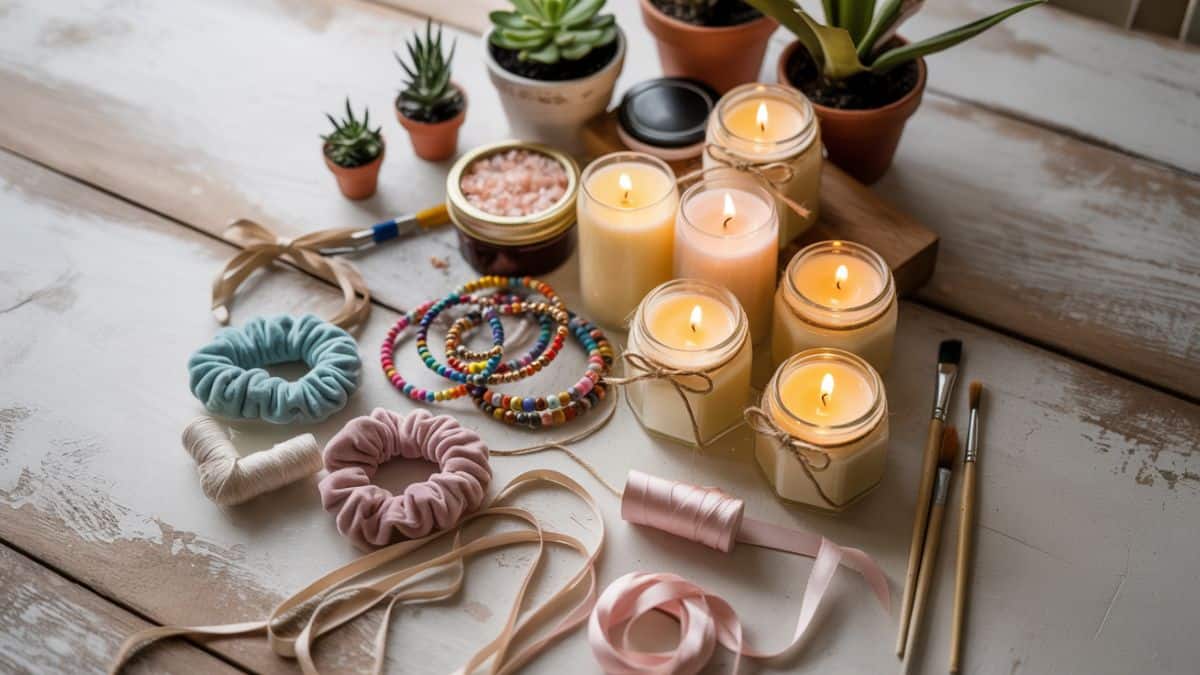 soy candles in jars with twine bows, colorful beaded bracelets, scrunchies in cotton and velvet, painted mini terracotta pots with succulents, and small jars of bath salts. Arranged on a rustic white wood background with scissors, paintbrushes, and ribbon spools scattered for a creative work-in-progress feel