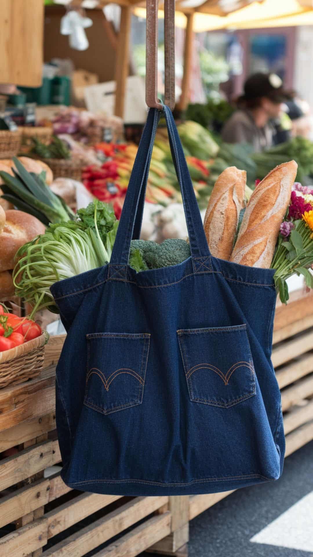 denim reusable grocery bags