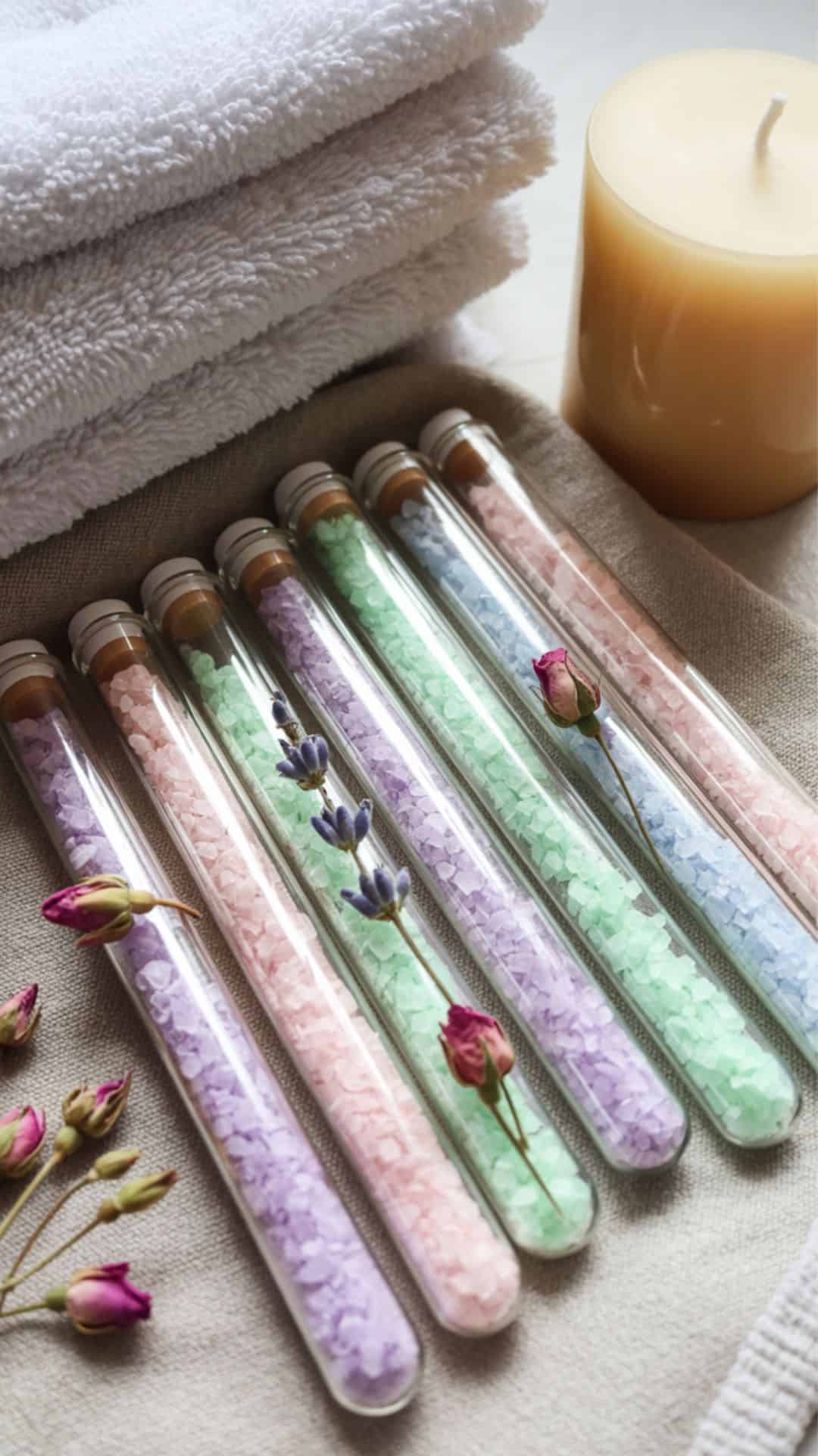 DIY baby shower favors: An arrangement showcasing an assortment of clear glass test tubes filled with pastel-colored bath salts. The test tubes vary in size and contain shades of pale pink, lavender, and soft mint green, with delicate dried rose petals and sprigs of lavender gently nestled within. They are artfully arranged on a textured linen cloth alongside a creamy, unscented candle and a folded stack of plush white towels. Soft, diffused natural light highlights the textures and colors, creating a calming and serene spa-like ambiance.