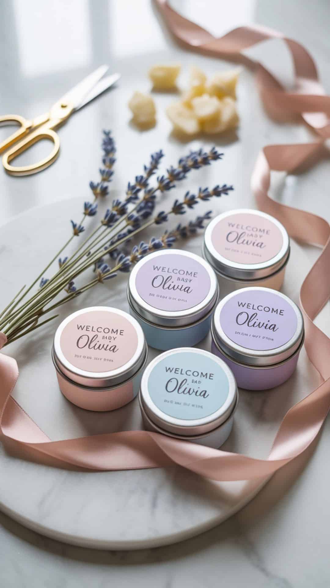 DIY baby shower favors: Pastel-colored candle tins with custom baby shower labels reading "Welcome Baby Olivia". The tins, in shades of blush pink, baby blue, and lavender, are neatly arranged on a pristine white marble surface, showcasing their delicate designs. Sprigs of dried lavender are artfully scattered around the tins, tied together with flowing ribbons of pale gold satin. In the blurred background, gold scissors, loose soy wax flakes, and additional ribbons create a soft, textured backdrop bathed in gentle, diffused morning light.