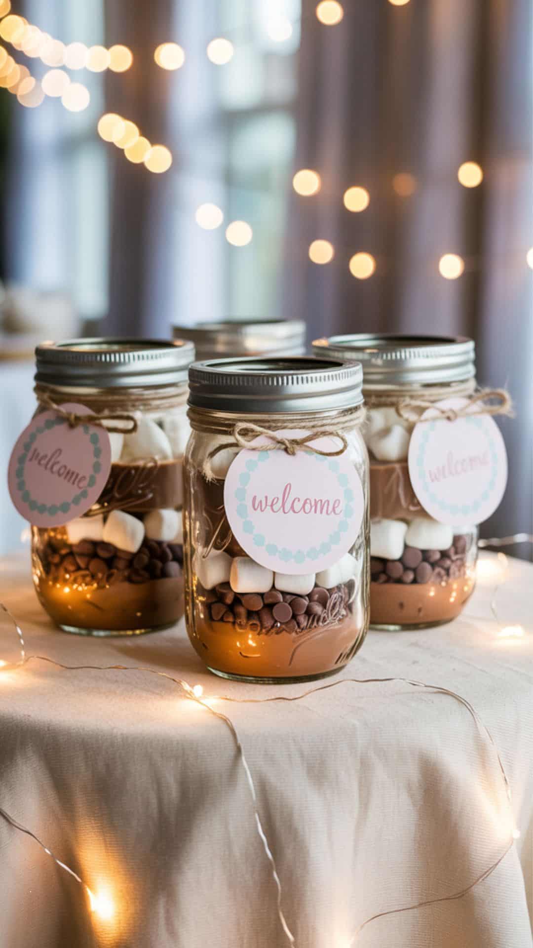 DIY baby shower favors: A baby shower table on that is small mason jars filled with layered with cocoa mix, marshmallows, and chocolate chips. Each jar is tied with rustic twine and a blue and pink pastel tags, with "Welcome" written on the tag styled for a baby shower, and twinkling fairy lights in the background.
