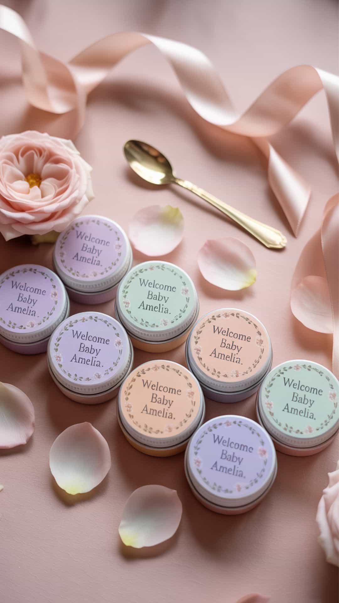 DIY baby shower favors: Several pastel-colored lip balm pots arranged in a neat row on a soft pink backdrop. Each pot has a delicate floral baby shower label reading "“Welcome Baby Amelia”" in elegant calligraphy, and their shades range from lavender to mint green to pale peach. Scattered around the pots are fresh, blush-pink rose petals, satin ribbons in ivory and gold, and tiny gold spoons, all artfully arranged to enhance the baby shower aesthetic. Soft, diffused lighting illuminates the scene, creating a gentle and dreamy atmosphere.