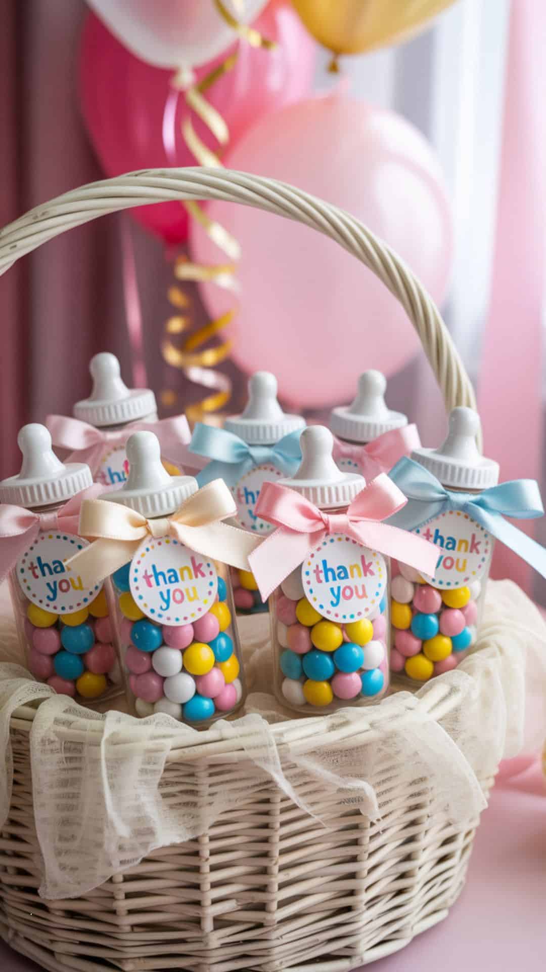 DIY baby shower favors: A collection of miniature plastic baby bottles filled with colorful pastel M&Ms – pink, blue, yellow, and white – each adorned with a delicate satin bow. The bottles, each tied with a pastel pink and blue ribbon, feature a playful “Thank You” tag in a whimsical font, and are artfully arranged within a white wicker basket lined with soft, cream-colored fabric. Blurred balloons and streamers in shades of pink and gold create a celebratory backdrop, bathed in soft, diffused light. The scene evokes a sense of gentle joy and gratitude.