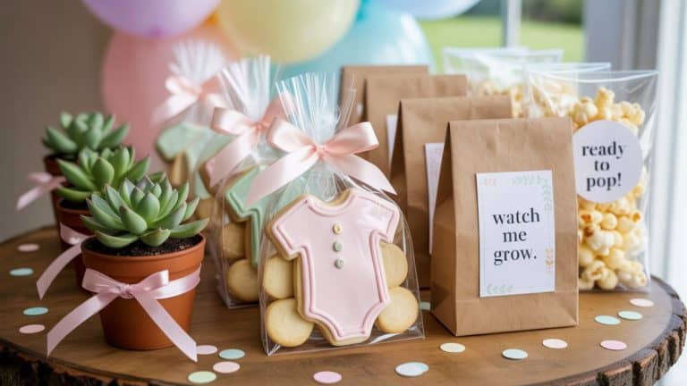 DIY baby shower favors: A baby shower favor table styled with a mix of DIY favors: mini succulent pots tied with pastel twine, onesie-shaped sugar cookies in clear bags with satin bows, kraft seed packet envelopes labeled “Watch Me Grow,” and popcorn bags with “Ready to Pop!” tags. Displayed on a rustic wooden table with scattered confetti, pastel balloons blurred in the background, soft natural daylight, warm and inviting baby shower atmosphere.
