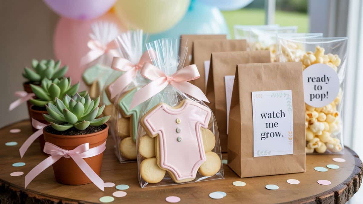 DIY baby shower favors: A baby shower favor table styled with a mix of DIY favors: mini succulent pots tied with pastel twine, onesie-shaped sugar cookies in clear bags with satin bows, kraft seed packet envelopes labeled “Watch Me Grow,” and popcorn bags with “Ready to Pop!” tags. Displayed on a rustic wooden table with scattered confetti, pastel balloons blurred in the background, soft natural daylight, warm and inviting baby shower atmosphere.