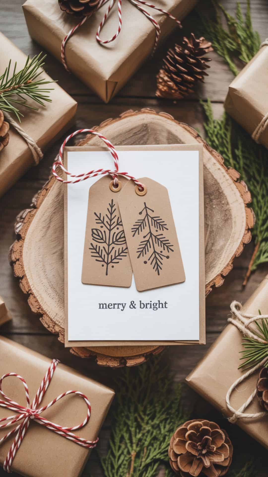 A rustic holiday flat lay with kraft paper gift tags stamped with snowflakes, leafy branches, and hearts, tied with baker’s twine and styled beside wrapped gifts.