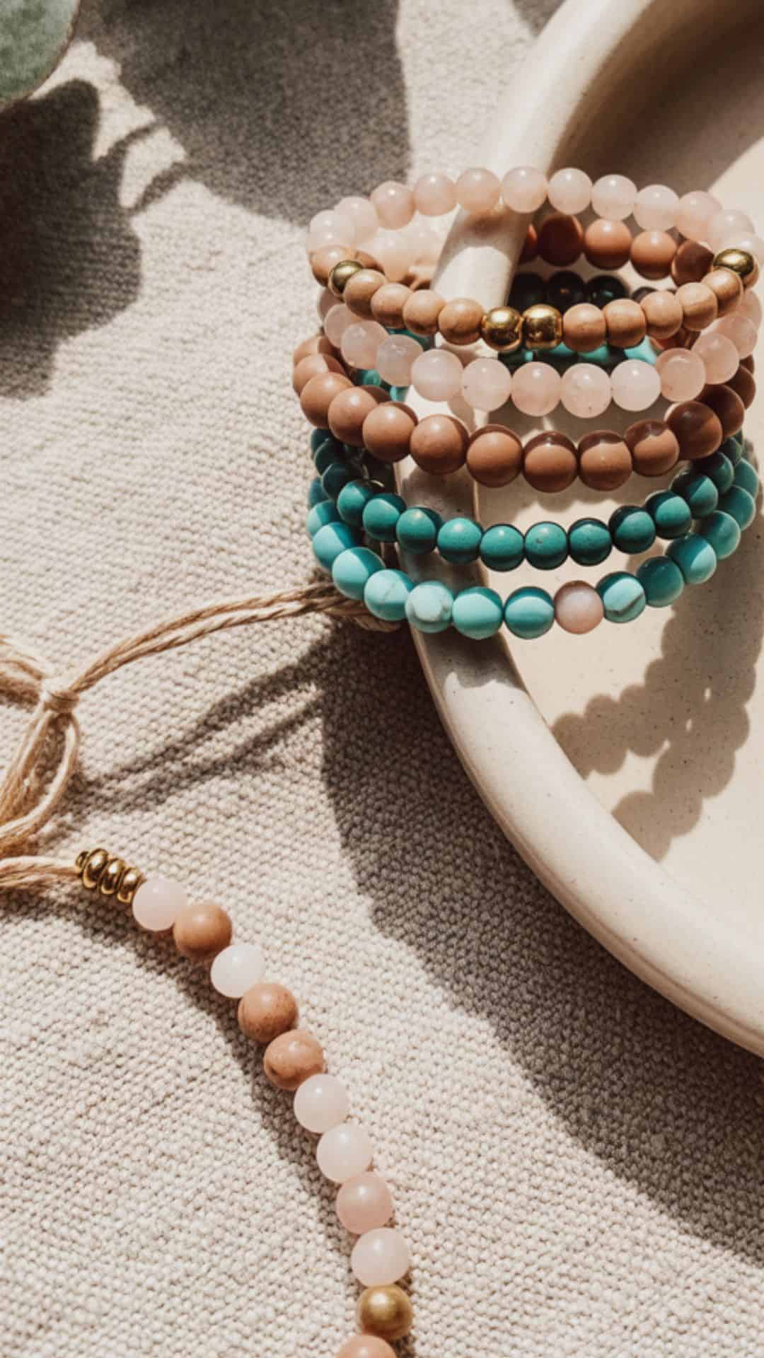 A chic jewelry flat lay featuring boho-style stretch bracelets in gemstone, glass, and wood beads. Stacked casually next to a ceramic jewelry dish and a sprig of greenery.