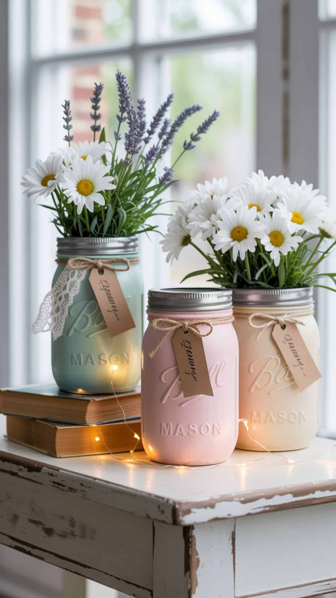 A rustic set of mason jars wrapped in twine, lace, and soft pastel ribbons, each holding tealights and styled on a wooden tray.