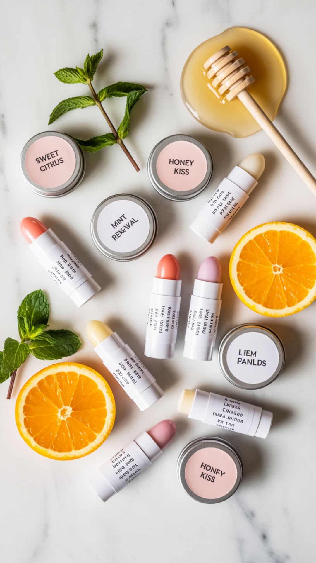 A clean beauty flat lay with small tins and twist-up tubes of homemade lip balm, styled with sprigs of mint, slices of citrus, and a honey dipper.
