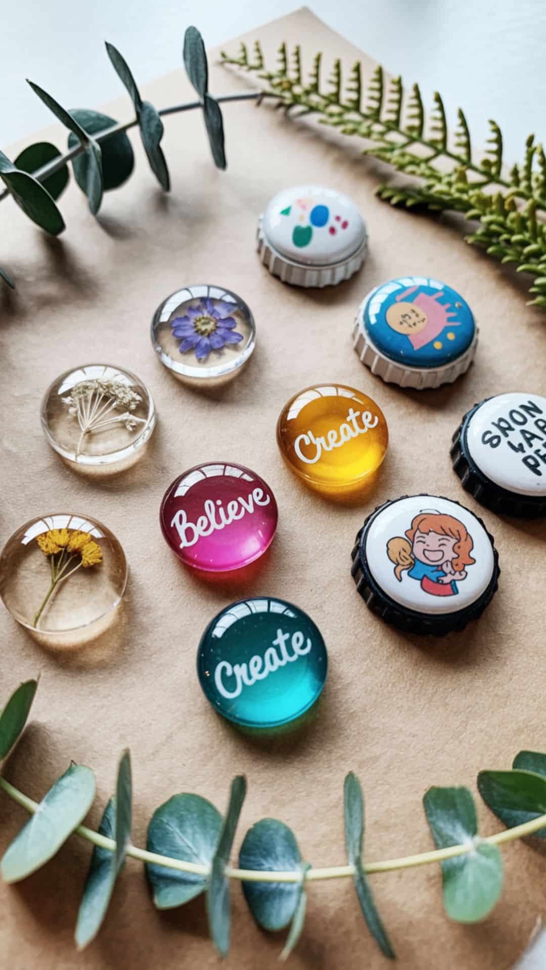 A colorful set of handmade magnets resin domes with pressed flowers, bottlecap magnets with fun graphics, and glass gem magnets with inspirational words.