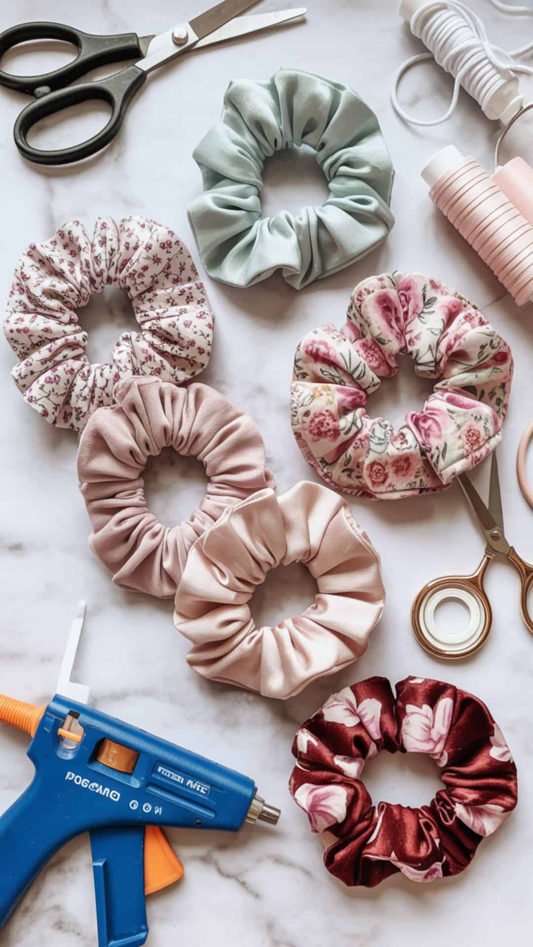 A vibrant collection of floral cotton and satin scrunchies styled in a flat lay beside spools of ribbon, a hot glue gun, and gold hair clips.