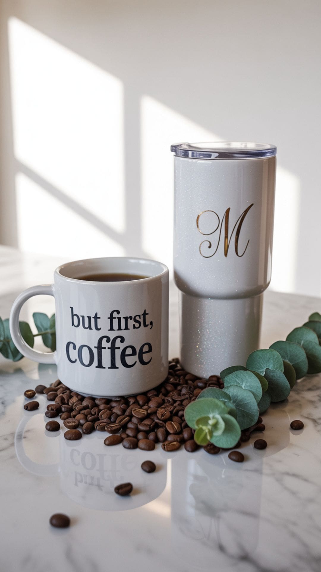 A white ceramic mug with bold black lettering that says “But First, Coffee” next to a glittery tumbler with a gold monogram.