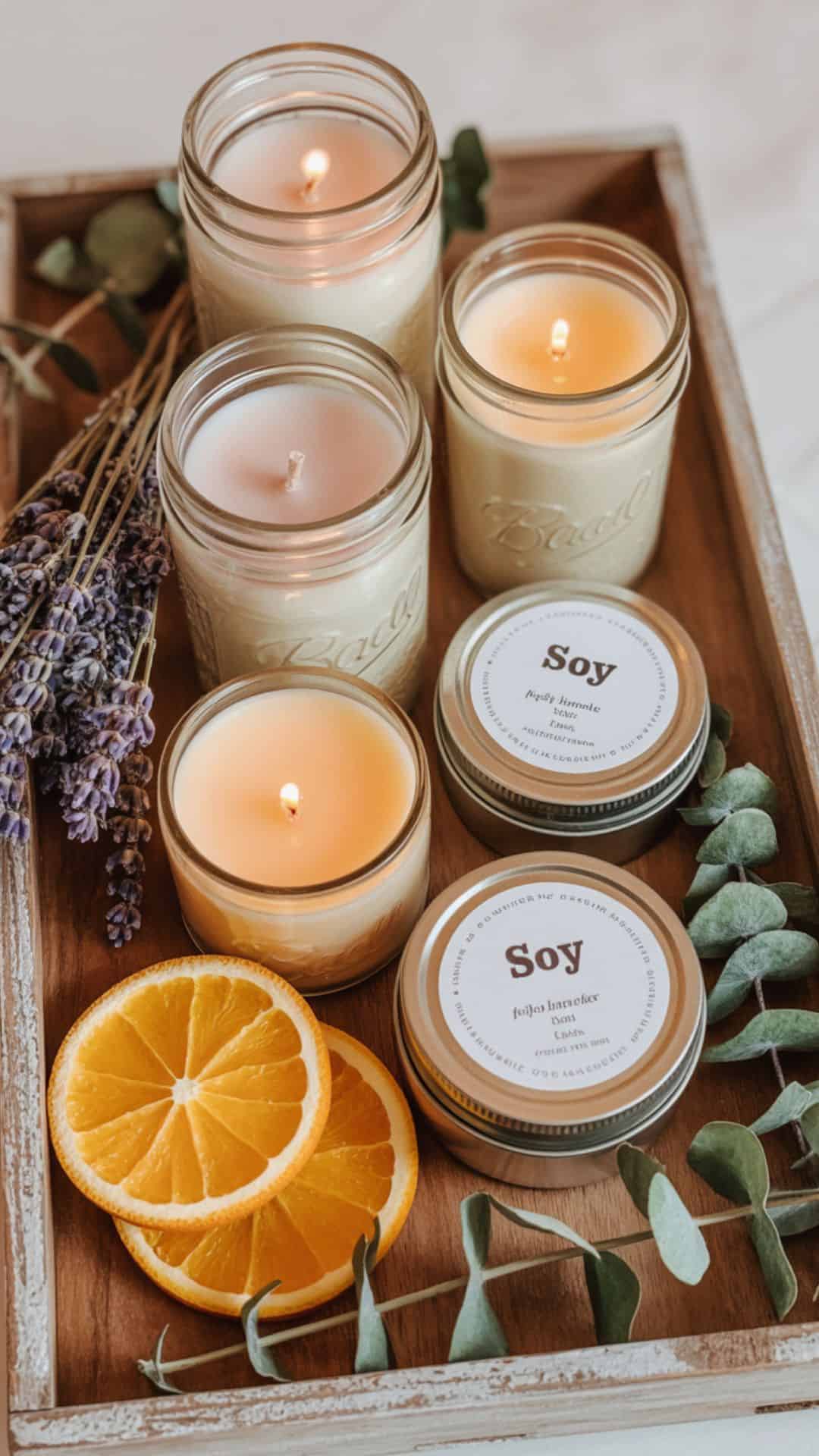 A cozy arrangement of rustic mason jars filled with creamy soy candles, each topped with dried lavender, citrus slices, or herbs. Perfectly styled on a wooden tray with soft lighting.