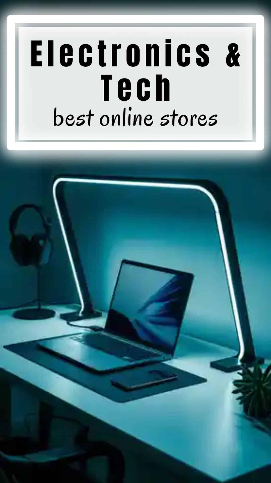 A sleek workspace setup with a laptop, gaming headset, and smartphone glowing under LED desk lights. Modern minimalist vibe with tech-focused styling.