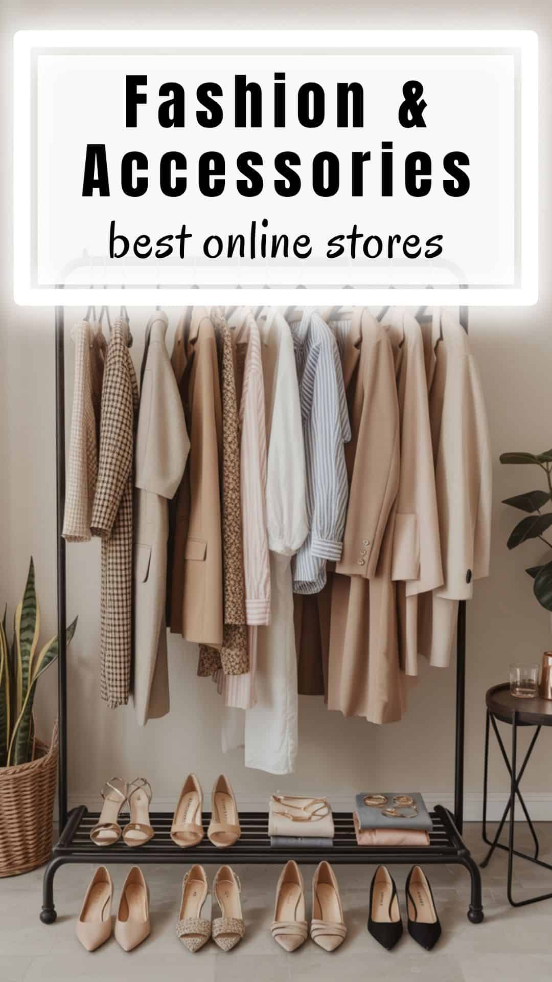 A stylish clothing rack filled with chic outfits, trendy shoes scattered below, and accessories on a small side table. Neutral tones, minimalist background, soft lighting for a modern boutique feel.