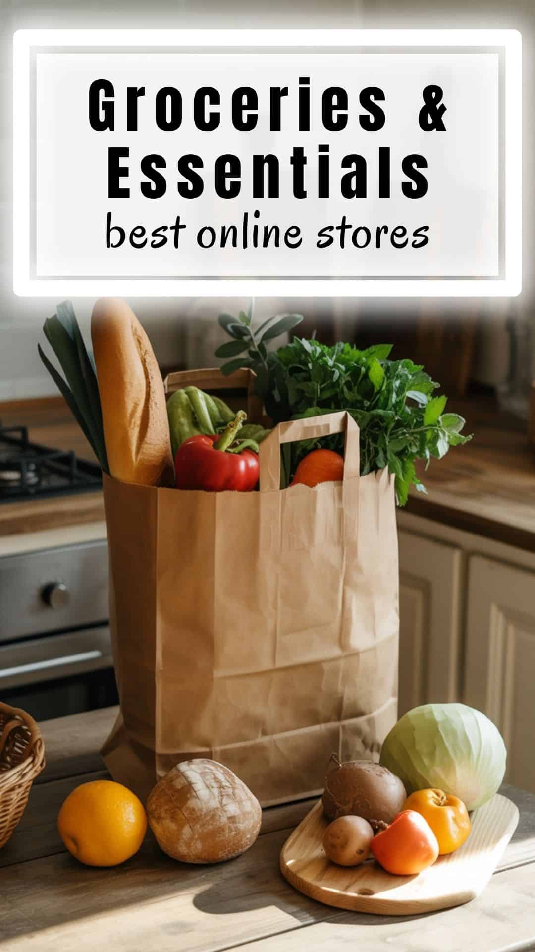 A rustic kitchen counter with a paper grocery bag spilling over with fresh vegetables, fruit, and bread. Natural sunlight and warm farmhouse styling.