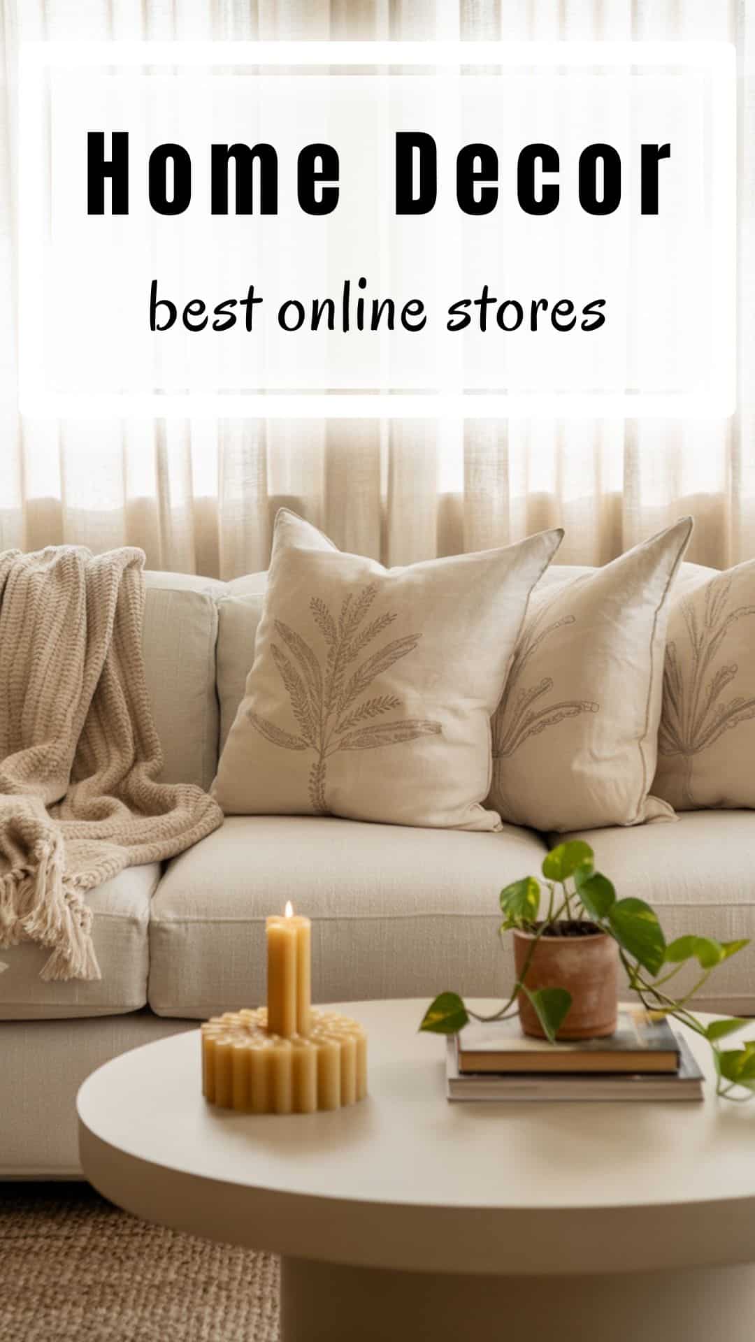 A sunlit living room with a cozy sofa, a modern coffee table styled with candles and books, and plants adding greenery. Neutral color palette with natural textures.