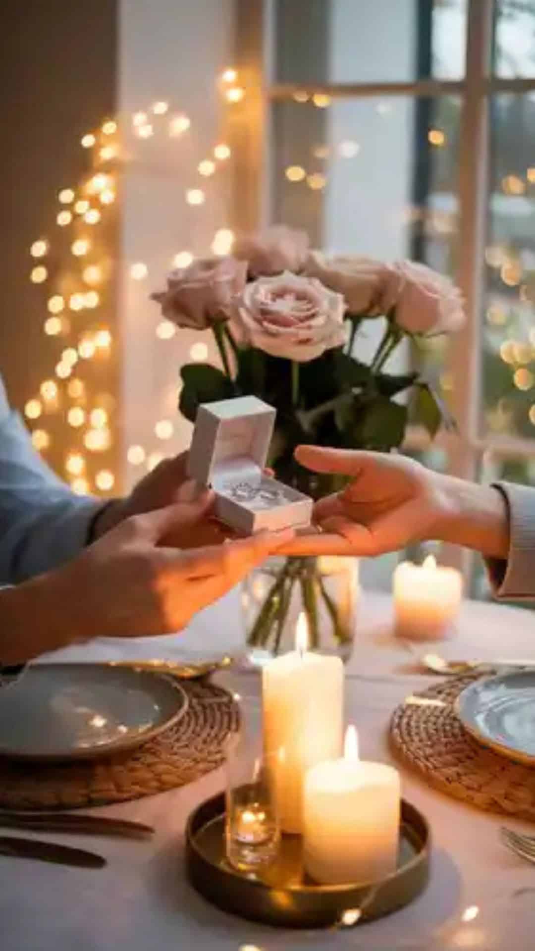 Image of a romantic anniversary scene: a couple’s hands exchanging a delicate jewelry box across a candlelit dinner table, soft blush roses in a vase, twinkling fairy lights in the background, warm golden glow.