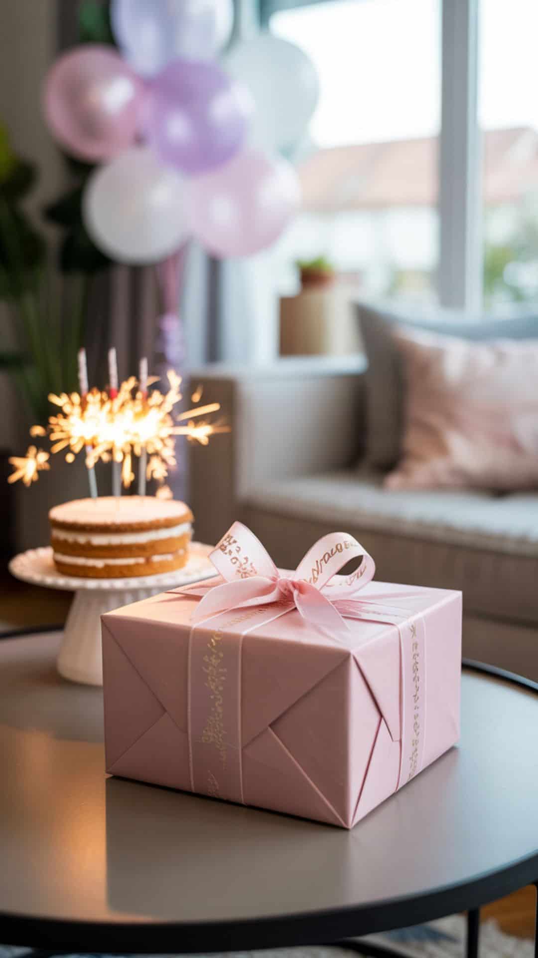 A vertical festive birthday setup: a beautifully wrapped gift with pastel ribbon on a styled coffee table, a small cake with sparklers, balloons in the background.