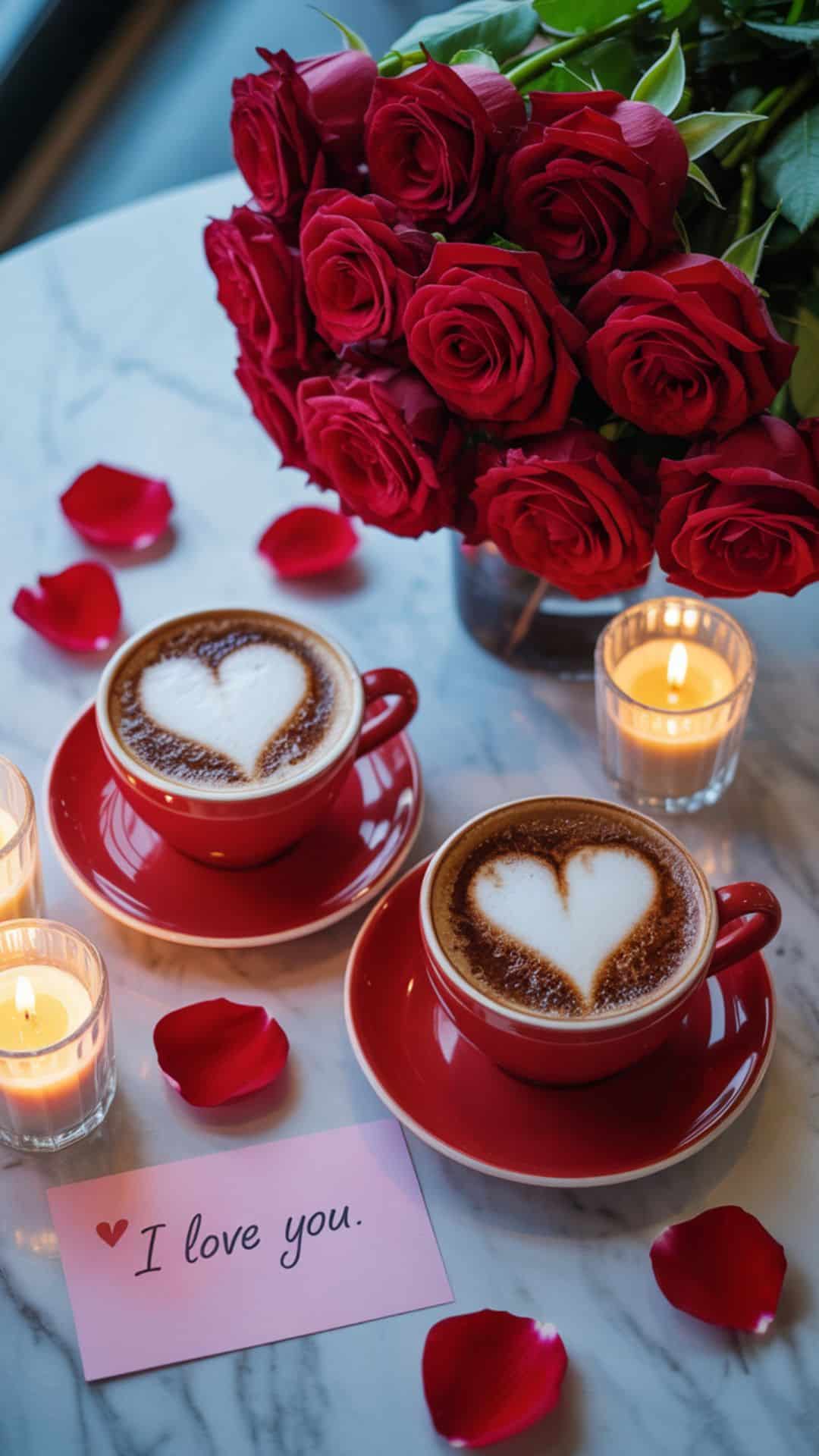 Romantic Valentine’s Day scene: two cups of cappuccino with heart-shaped foam art on a marble table, a bouquet of red roses, a handwritten “I love you” note, scattered rose petals, glowing candles, warm and dreamy lighting.