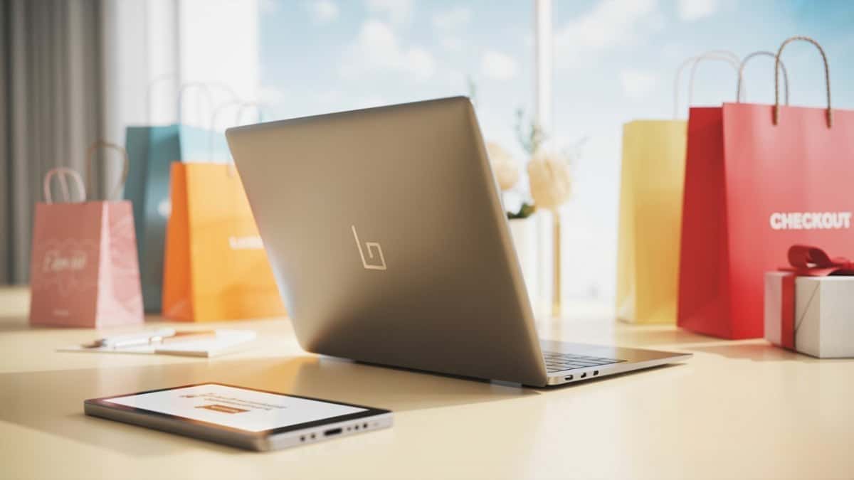 laptop open on a clean white desk surrounded by colorful shopping bags, gift boxes, and a smartphone displaying a shopping cart screen.