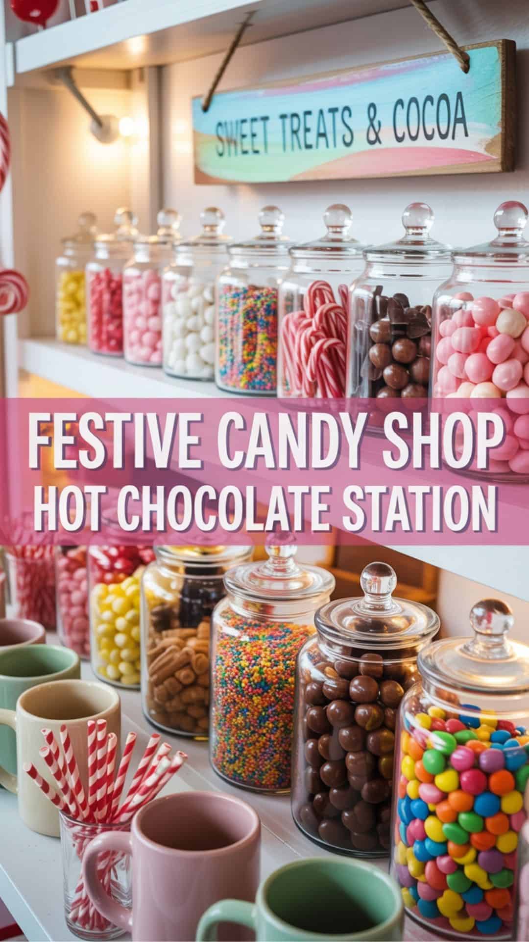 A colorful, whimsical hot chocolate bar styled like a candy shop. Glass jars filled with rainbow sprinkles, candy canes, chocolate drops, and gumdrops, striped straws, pastel mugs, and a cheerful candy-shop sign.