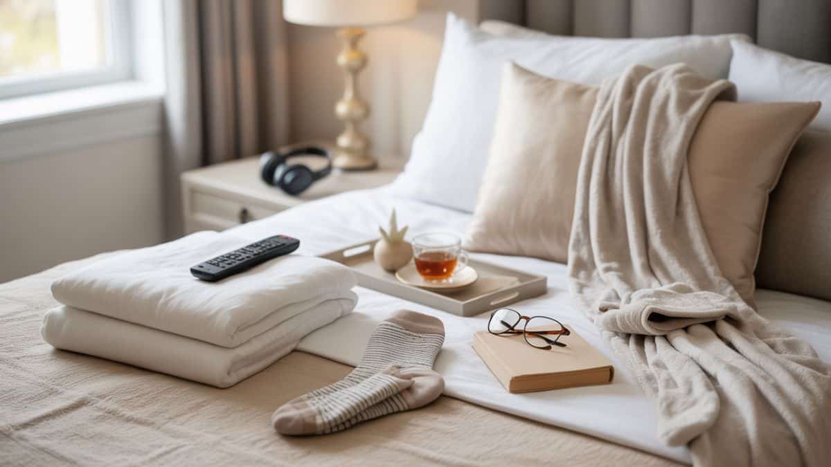 a bedroom with gifts on a bed