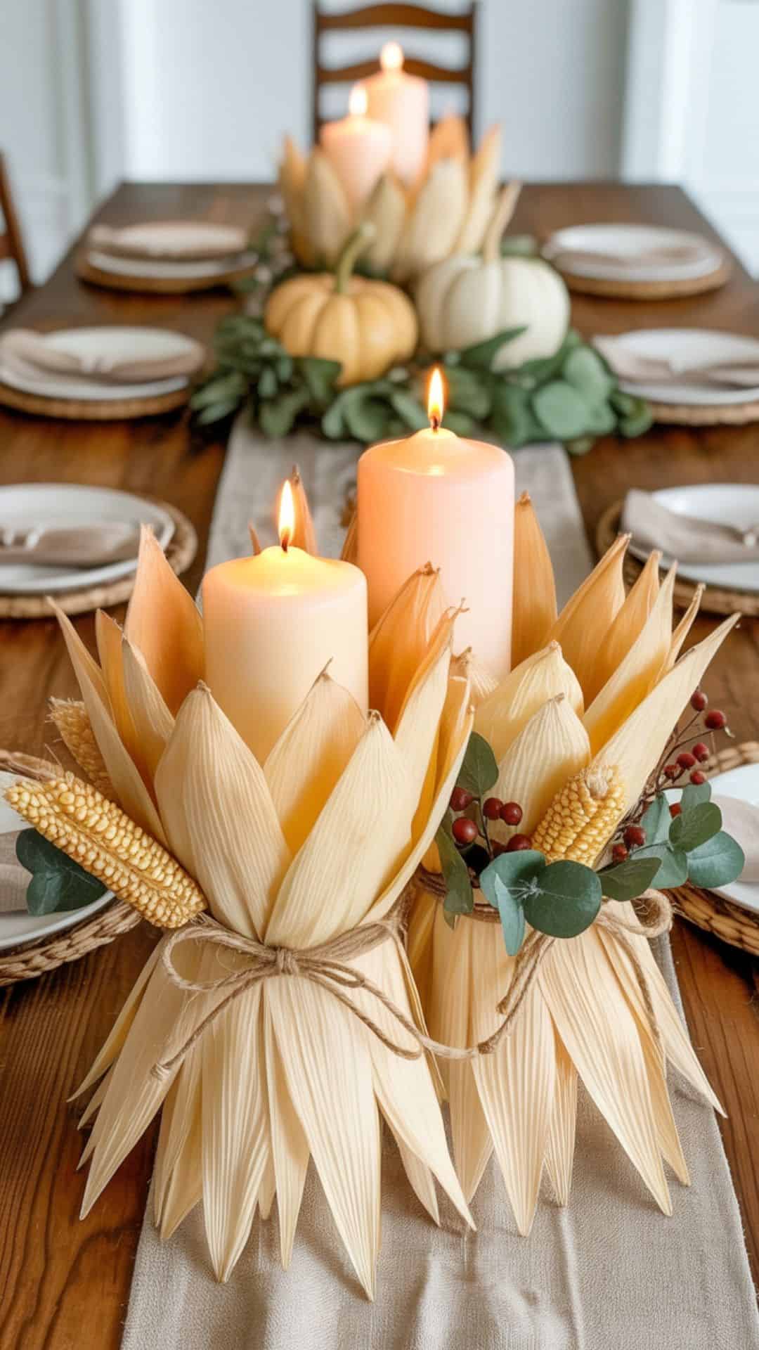 Farmhouse fall table centerpiece featuring rustic corn husk candle rings around cream pillar candles. Corn husks fanned out like petals, tied with jute twine bows, accented with dried wheat, faux berries, and eucalyptus sprigs. Displayed on a wooden dining table with pumpkins, greenery, and linen runner.