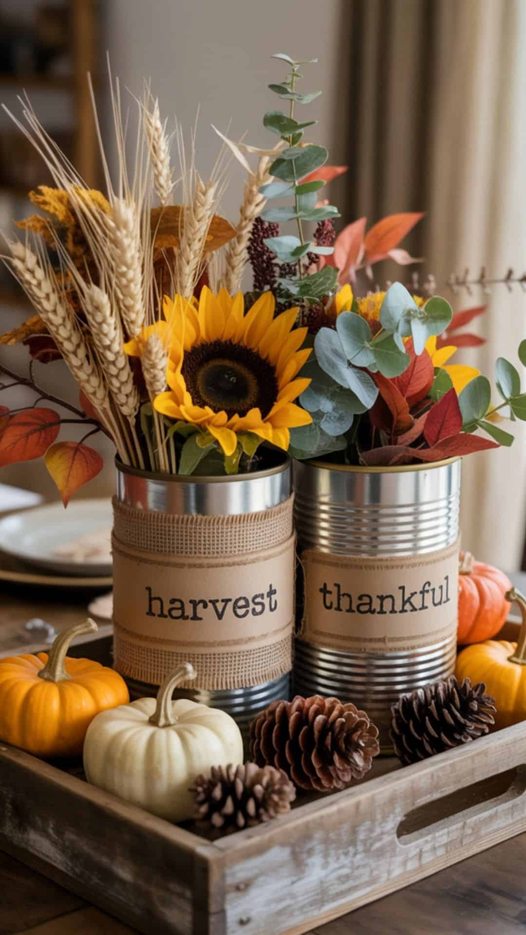 fall centerpiece made from repurposed tin cans wrapped in burlap and jute twine, stenciled with the words ‘Harvest’ and ‘Thankful.’ Cans filled with dried wheat, sunflowers, eucalyptus, and autumn leaves, arranged on a reclaimed wood tray surrounded by pinecones and mini pumpkins.