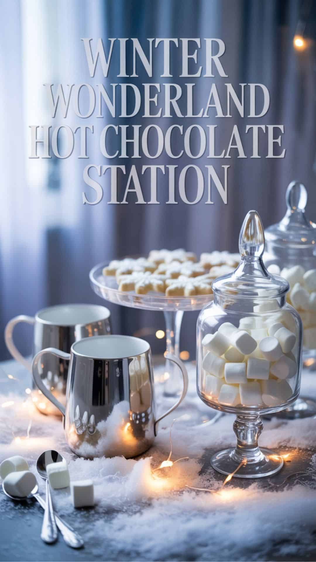 A dreamy, snow-inspired hot chocolate station styled in white, silver, and icy blue tones. White ceramic mugs, silver scoops, and clear glass jars filled with marshmallows and white chocolate curls. Artificial snow scattered across the surface, fairy lights twinkling softly, and delicate snowflake cookies displayed on a glass cake stand.