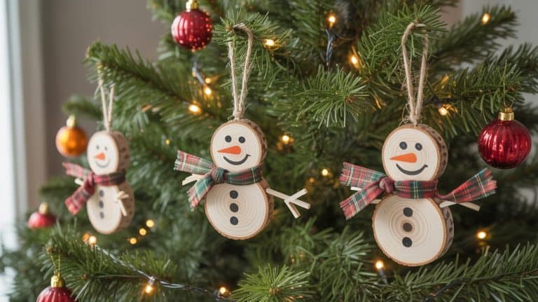 handcrafted diy wood slice snowman hanging on a christmas tree