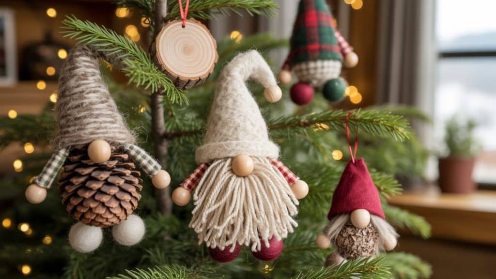 woodland garden gnomes hanging on a christmas tree