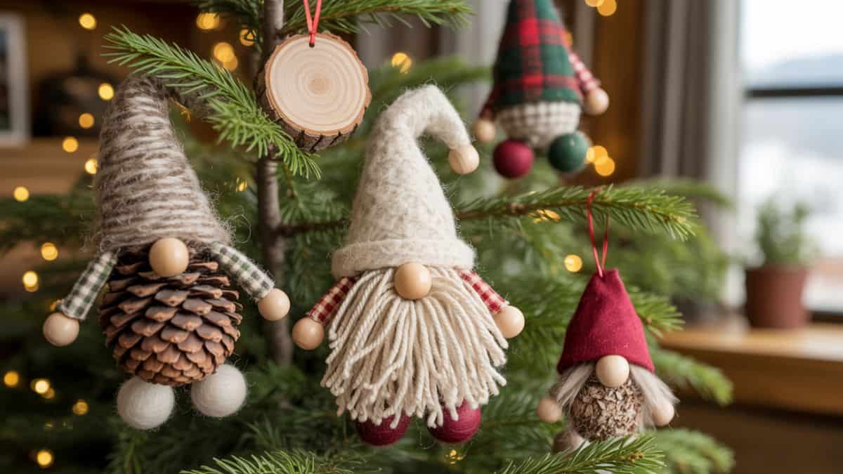 woodland garden gnomes hanging on a christmas tree