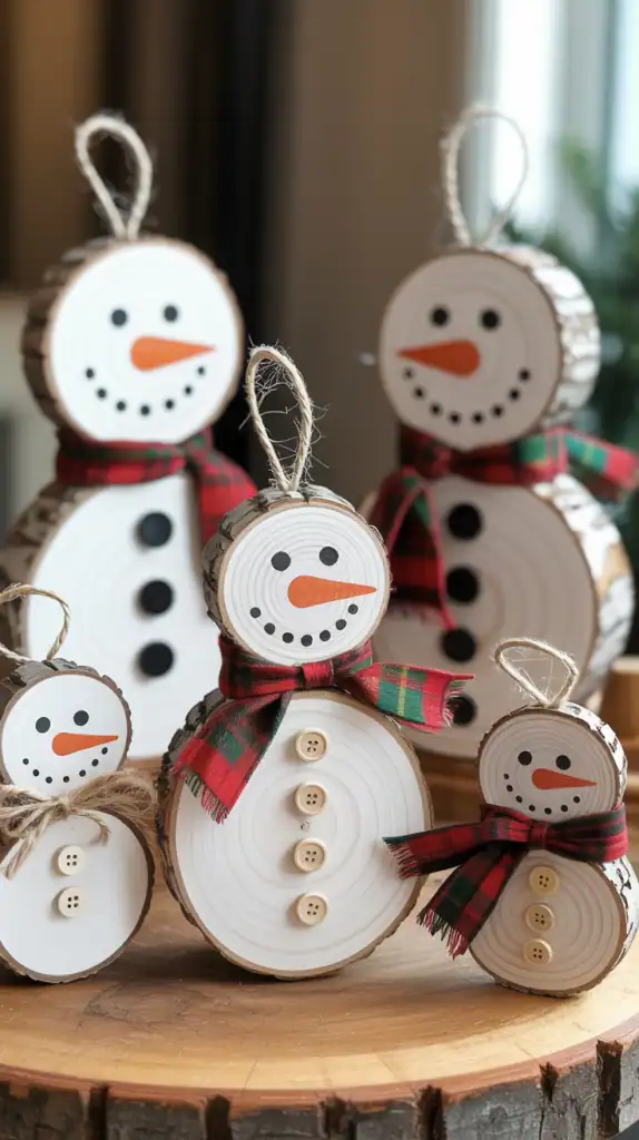various diy wood slice snowmen