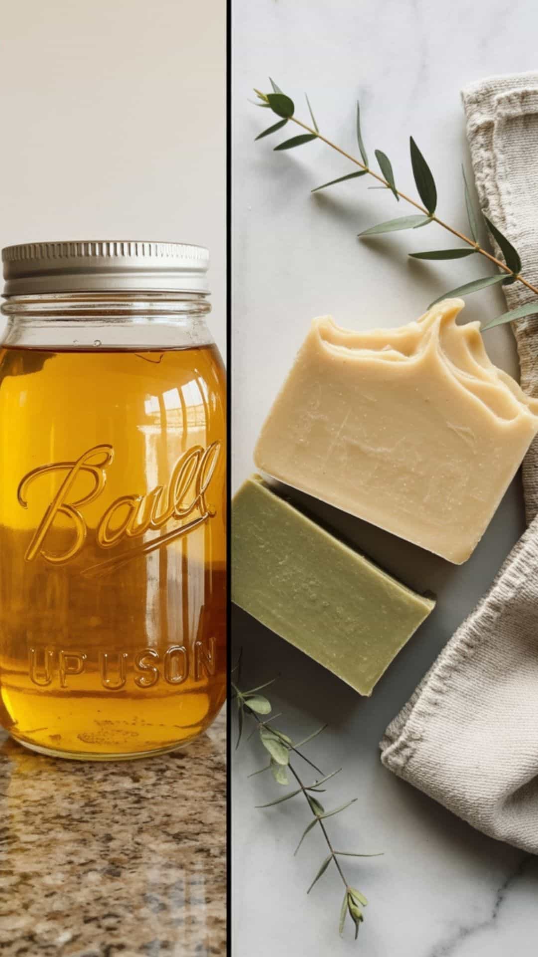 mason jar filled with golden-amber used cooking oil sits on a neutral granite countertop, with soft natural light revealing the oil's rich, translucent color. On the right side, three artisanal soap bars in creamy ivory and sage green tones are elegantly arranged on white marble, accompanied by delicate eucalyptus sprigs and a folded natural linen cloth