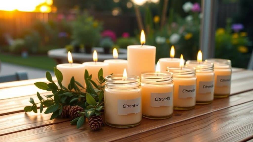 citronella candles arranged on an outdoor table during sunset