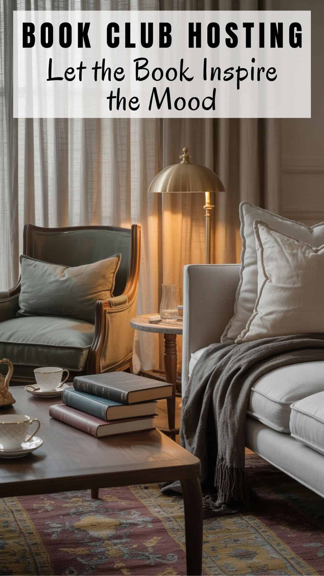 living room inspired by a novel’s mood rather than a theme, featuring layered textures and a refined color palette, classic novels resting casually on a coffee table, a vintage armchair near a glowing reading lamp, subtle details like linen cushions and a wool throw