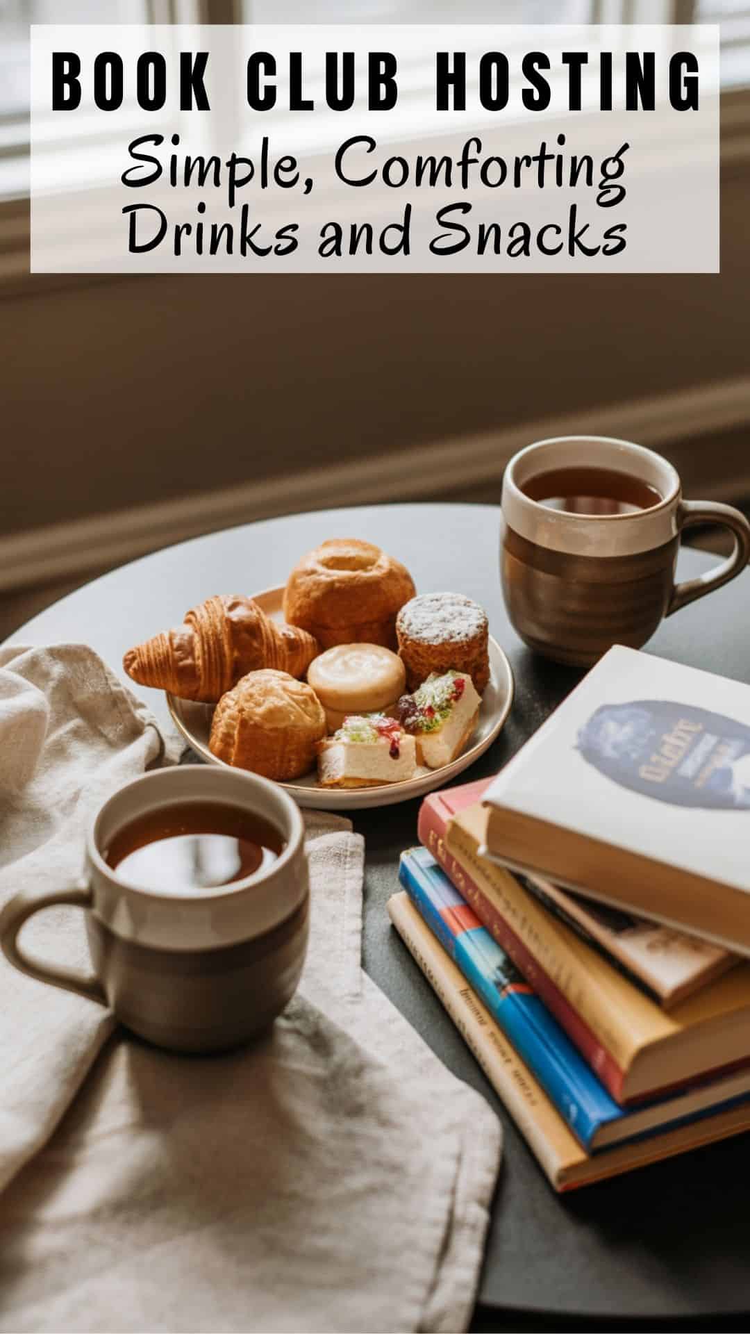 coffee table with mugs of tea, a small plate of pastries, stacked novels, soft linen napkins, natural light filling the room