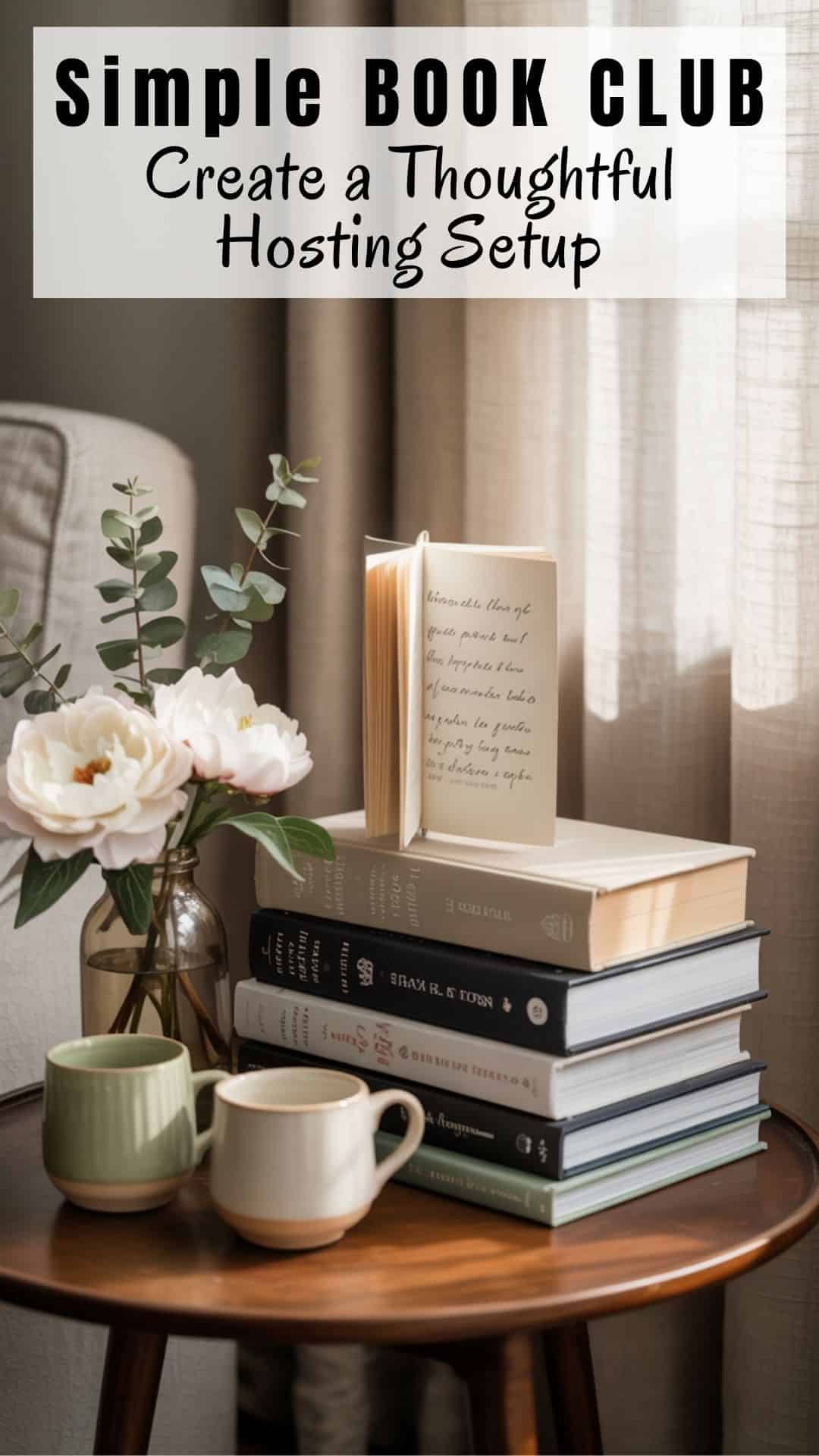 living room corner with a small
side table holding stacked books, ceramic mugs, a handwritten bookmark, fresh flowers in a neutral vase, soft daylight filtering through sheer curtains