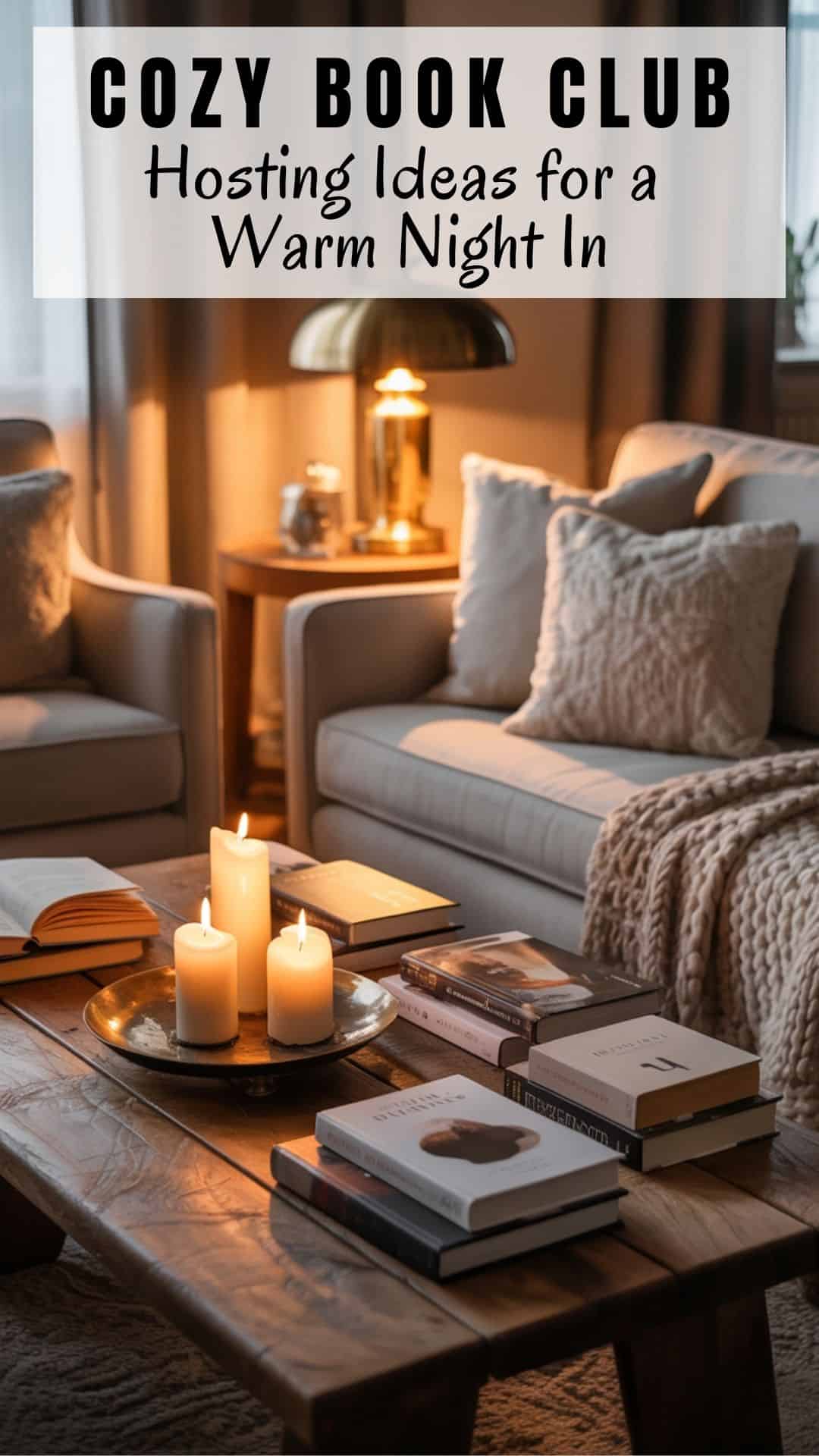 living room in the evening with a
neutral sofa layered in knit throws and textured cushions, armchairs angled toward each other, a warm table lamp glowing, books resting on a coffee table, candles flickering gently, cozy and intimate bookclub hosting scene
