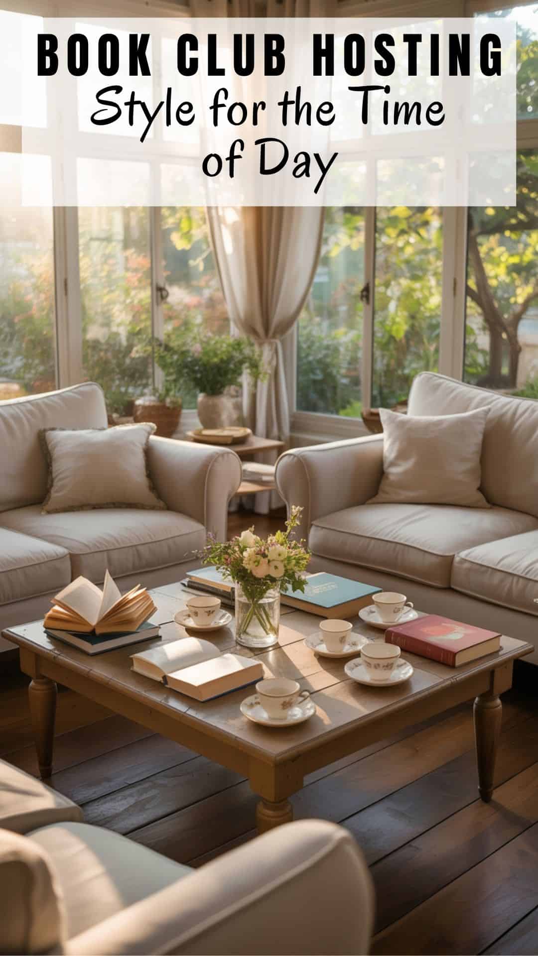 sunlit living room in the afternoon with cream-colored sofas and chairs arranged in a welcoming circle around a rustic wooden coffee table. The table is adorned with an assortment of open books, delicate porcelain teacups with saucers, and a small vase of fresh flowers, creating an intimate book club setting