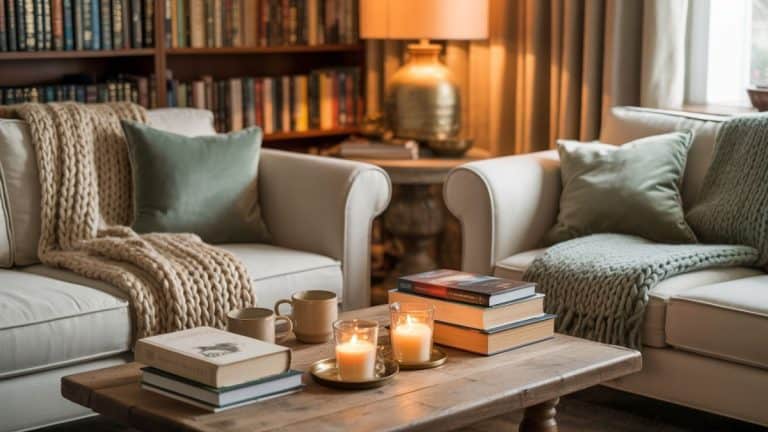 cozy living room for book club hosting