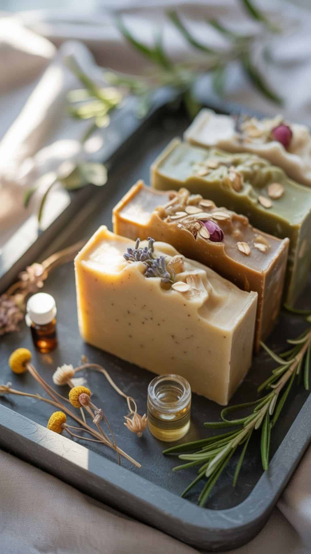artisan luxury soap bars arranged on a stone tray with delicate dried botanicals and fresh herbs