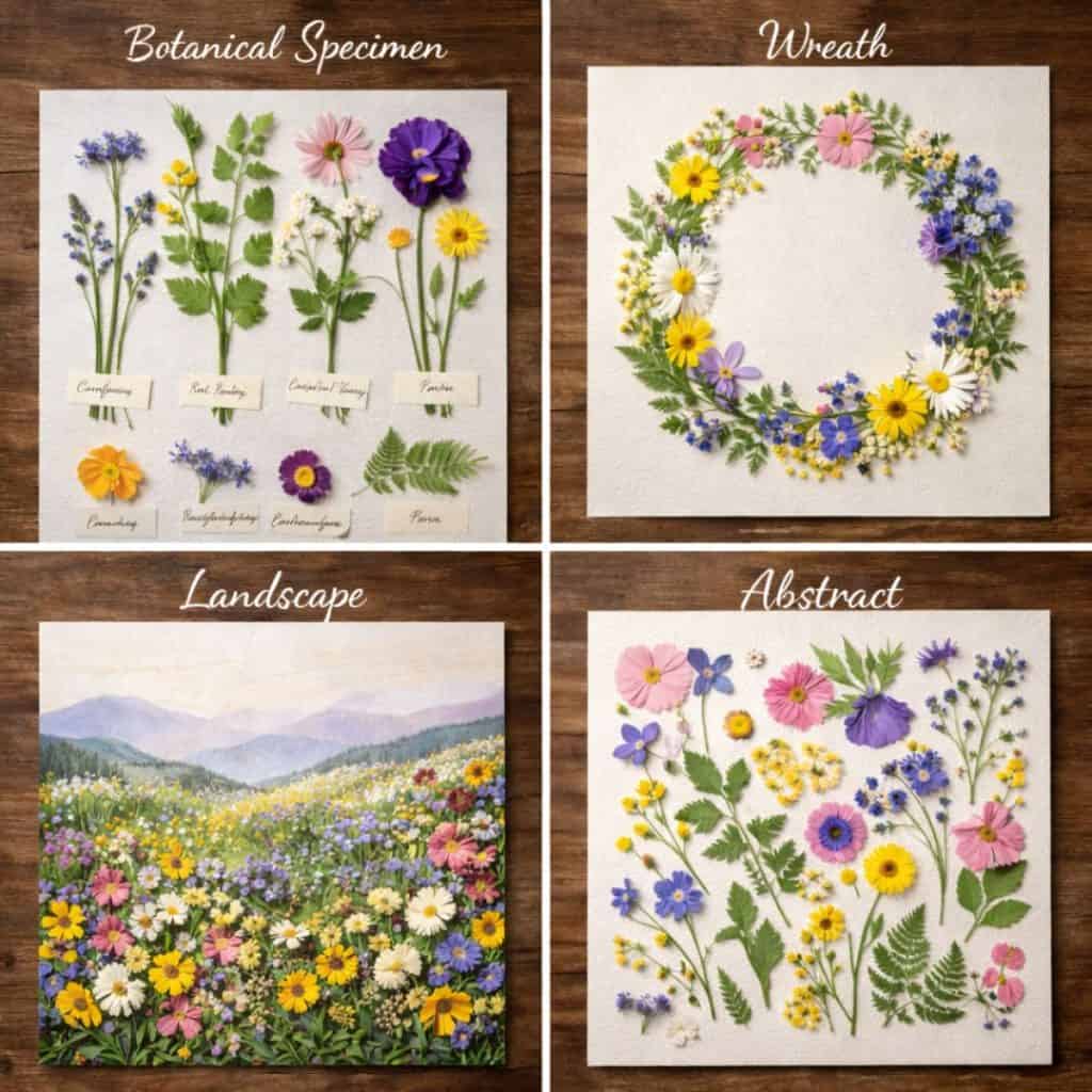 four different pressed flower art composition styles botanical specimen wreath landscape and abstract