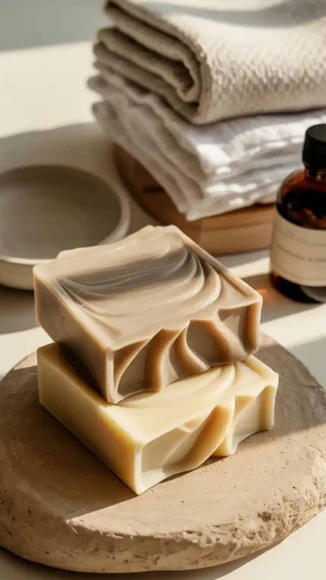 beautiful luxury handmade soap bars arranged casually on a natural stone slab