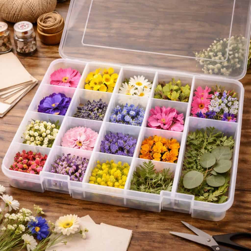 image - properly stored pressed flowers in an organized storage container with dividers