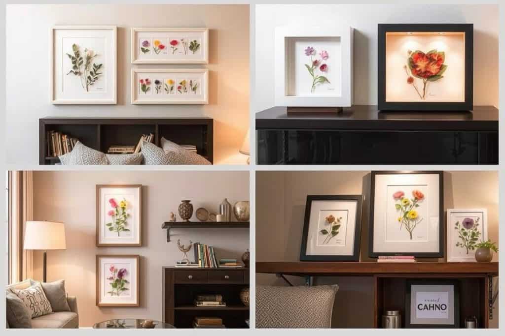 various framing and display options for pressed flower art in a home setting