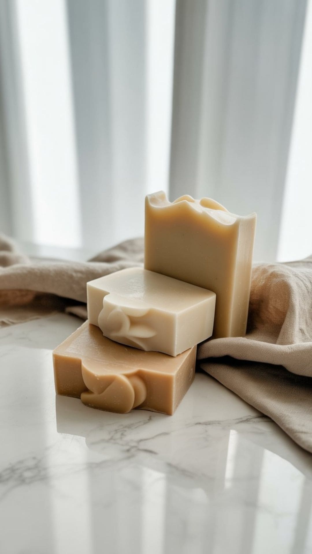 handmade luxury soap bars arranged on a white marble surface with delicate gray veining