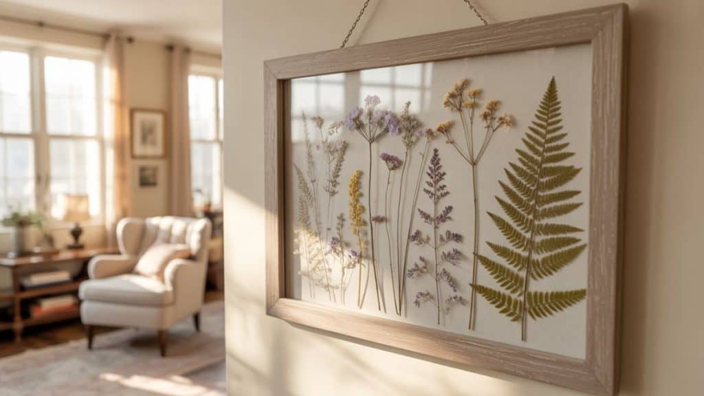 beautiful finished pressed flower art displayed in a home setting