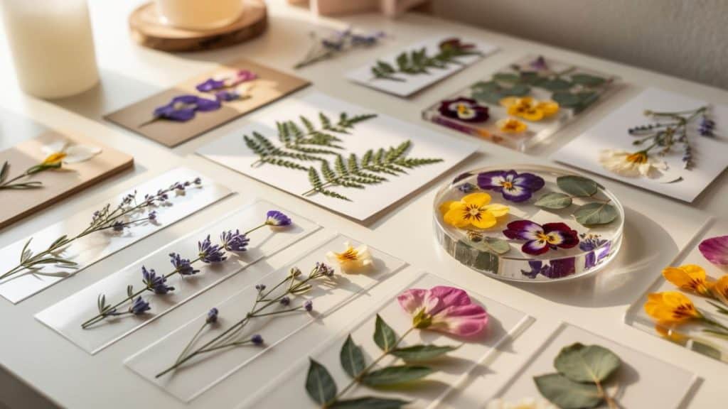 gallery of various pressed flower projects including bookmarks cards and resin crafts